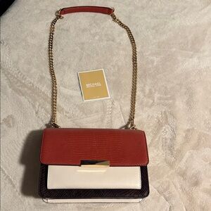 Michael Kors Colorblock Chain Shoulder Bag in Rust, Cream and Brown
